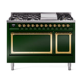 ILVE Nostalgie II Noblesse 48-Inch Dual Fuel Freestanding Range with Solid Door Oven in Emerald Green with Brass Trim (UN48FQNMPEGGLP)