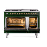 ILVE Nostalgie II Noblesse 48-Inch Dual Fuel Freestanding Range with Solid Door Oven in Emerald Green with Brass Trim (UN48FQNMPEGGLP)