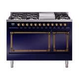 ILVE Nostalgie II Noblesse 48-Inch Dual Fuel Freestanding Range with Solid Door Oven in Midnight Blue with Bronze Trim (UN48FQNMPMBBLP)