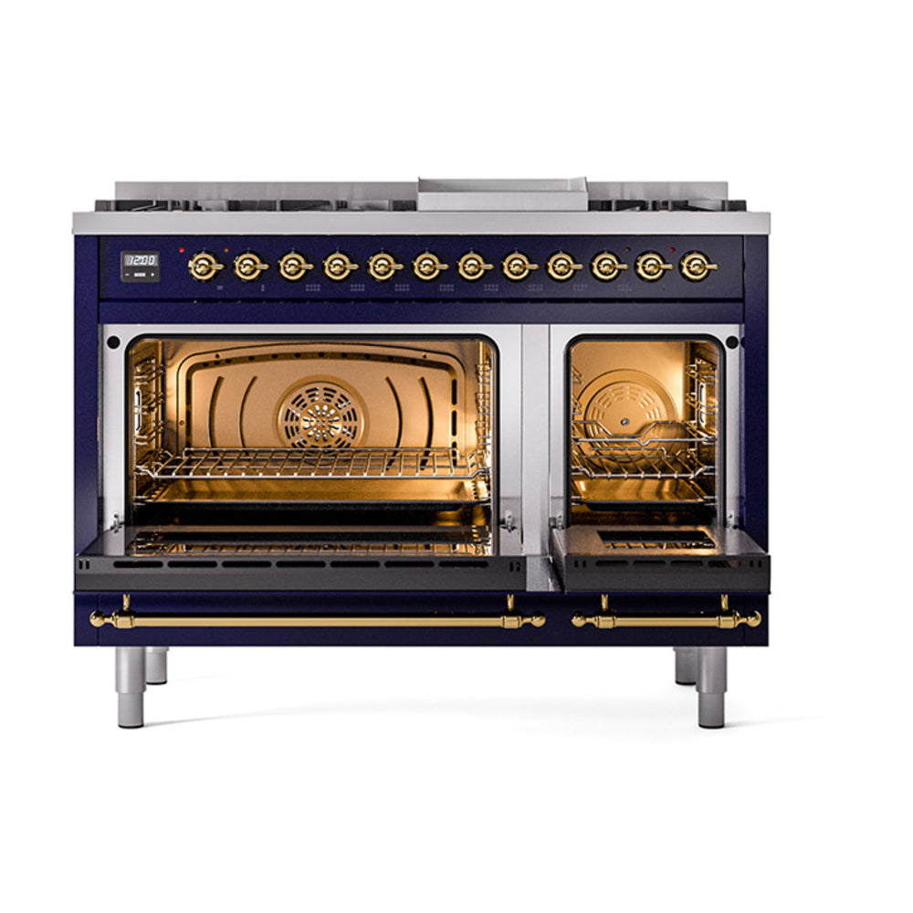 ILVE Nostalgie II Noblesse 48-Inch Freestanding Natural Gas Dual Fuel Range with Solid Door Oven in Midnight Blue with Brass Trim (UN48FQNMPMBG)