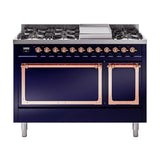 ILVE Nostalgie II Noblesse 48-Inch Dual Fuel Freestanding Range with Solid Door Oven in Midnight Blue with Copper Trim (UN48FQNMPMBPLP)