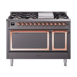ILVE Nostalgie II Noblesse 48-Inch Freestanding Natural Gas Dual Fuel Range with Solid Door Oven in Matte Graphite with Copper Trim (UN48FQNMPMGP)