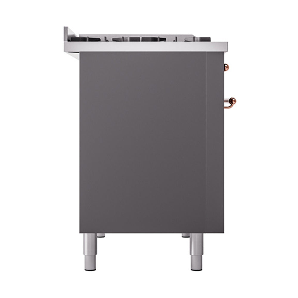 ILVE Nostalgie II Noblesse 48-Inch Freestanding Natural Gas Dual Fuel Range with Solid Door Oven in Matte Graphite with Copper Trim (UN48FQNMPMGP)