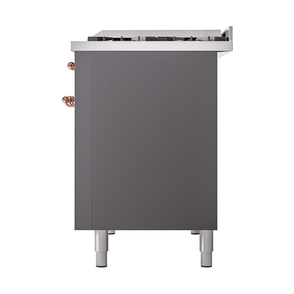 ILVE Nostalgie II Noblesse 48-Inch Freestanding Natural Gas Dual Fuel Range with Solid Door Oven in Matte Graphite with Copper Trim (UN48FQNMPMGP)