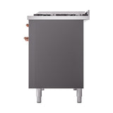 ILVE Nostalgie II Noblesse 48-Inch Freestanding Natural Gas Dual Fuel Range with Solid Door Oven in Matte Graphite with Copper Trim (UN48FQNMPMGP)