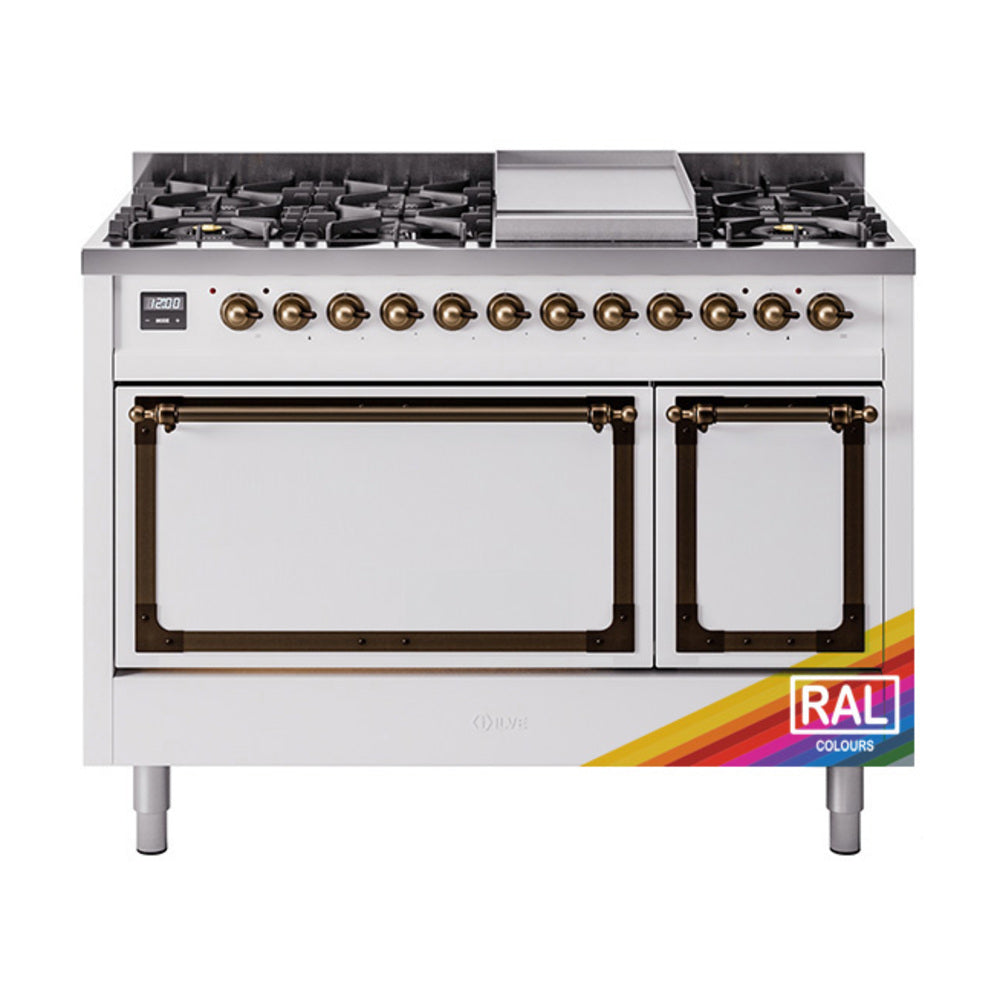 ILVE Nostalgie II Noblesse 48-Inch Dual Fuel Freestanding Range with Solid Door Oven in Custom RAL with Bronze Trim (UN48FQNMPRABLP)