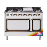 ILVE Nostalgie II Noblesse 48-Inch Dual Fuel Freestanding Range with Solid Door Oven in Custom RAL with Bronze Trim (UN48FQNMPRABLP)