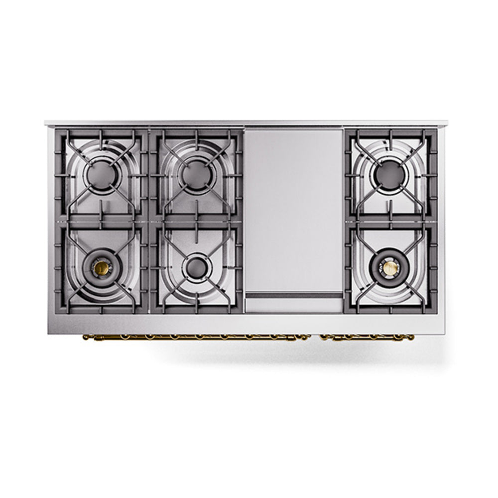 ILVE Nostalgie II Noblesse 48-Inch Freestanding Natural Gas Dual Fuel Range with Solid Door Oven in RAL with Brass Trim (UN48FQNMPRAG)