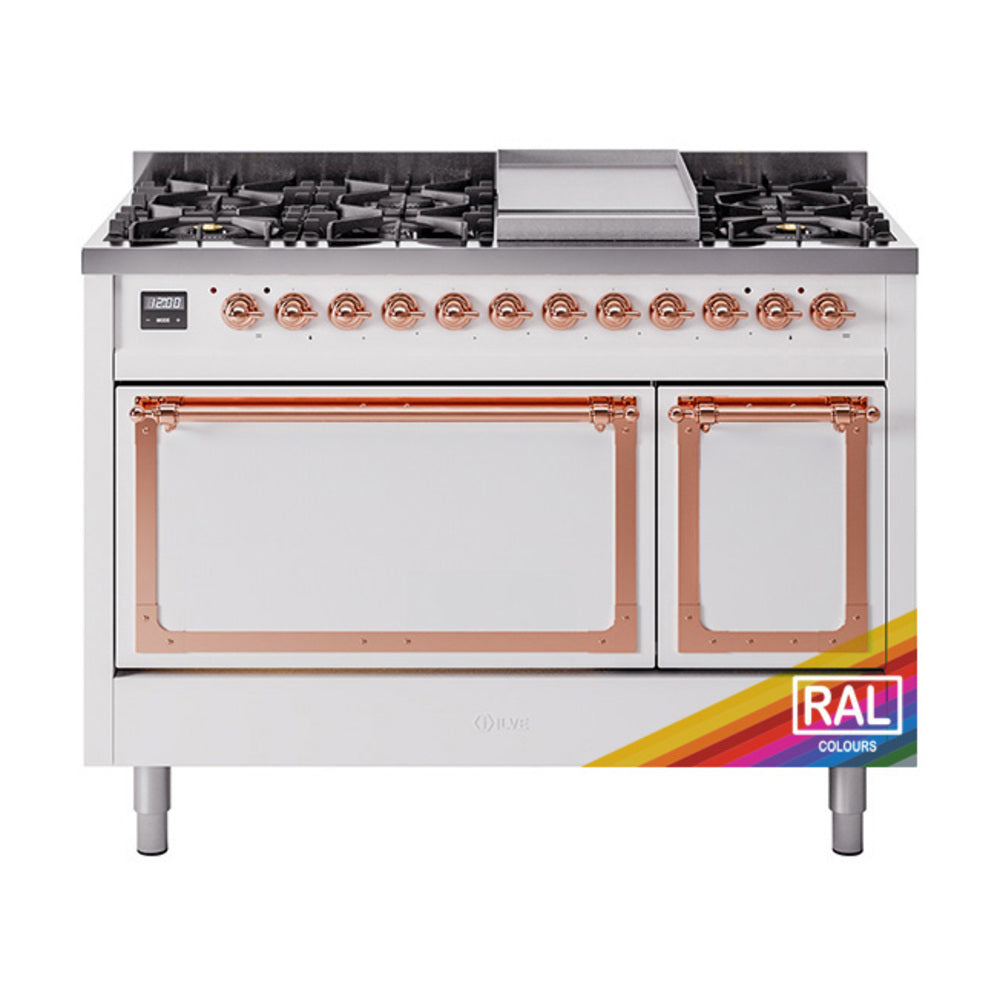 ILVE Nostalgie II Noblesse 48-Inch Freestanding Natural Gas Dual Fuel Range with Solid Door Oven in Custom RAL with Copper Trim (UN48FQNMPRAP)