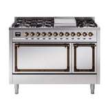 ILVE Nostalgie II Noblesse 48-Inch Dual Fuel Freestanding Range with Solid Door Oven in Stainless Steel with Bronze Trim (UN48FQNMPSSBLP)