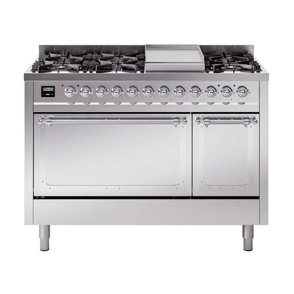ILVE Nostalgie II Noblesse 48-Inch Dual Fuel Freestanding Range with Solid Door Oven in Stainless Steel with Chrome Trim (UN48FQNMPSSCLP)