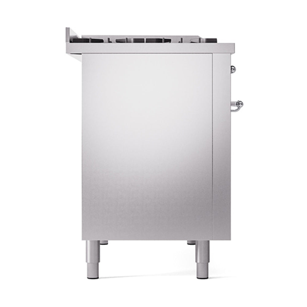 ILVE Nostalgie II Noblesse 48-Inch Dual Fuel Freestanding Range with Solid Door Oven in Stainless Steel with Chrome Trim (UN48FQNMPSSCLP)