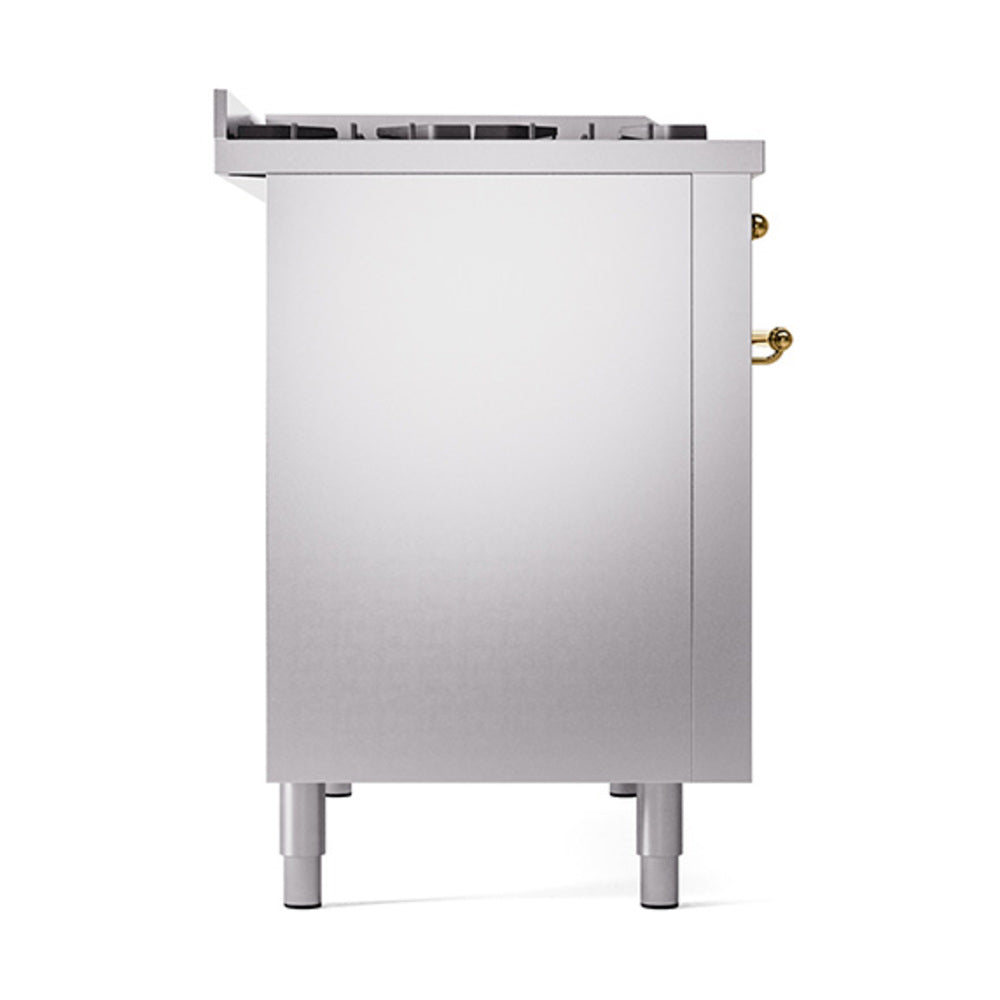 ILVE Nostalgie II Noblesse 48-Inch Dual Fuel Freestanding Range with Solid Door Oven in Stainless Steel with Brass Trim (UN48FQNMPSSGLP)