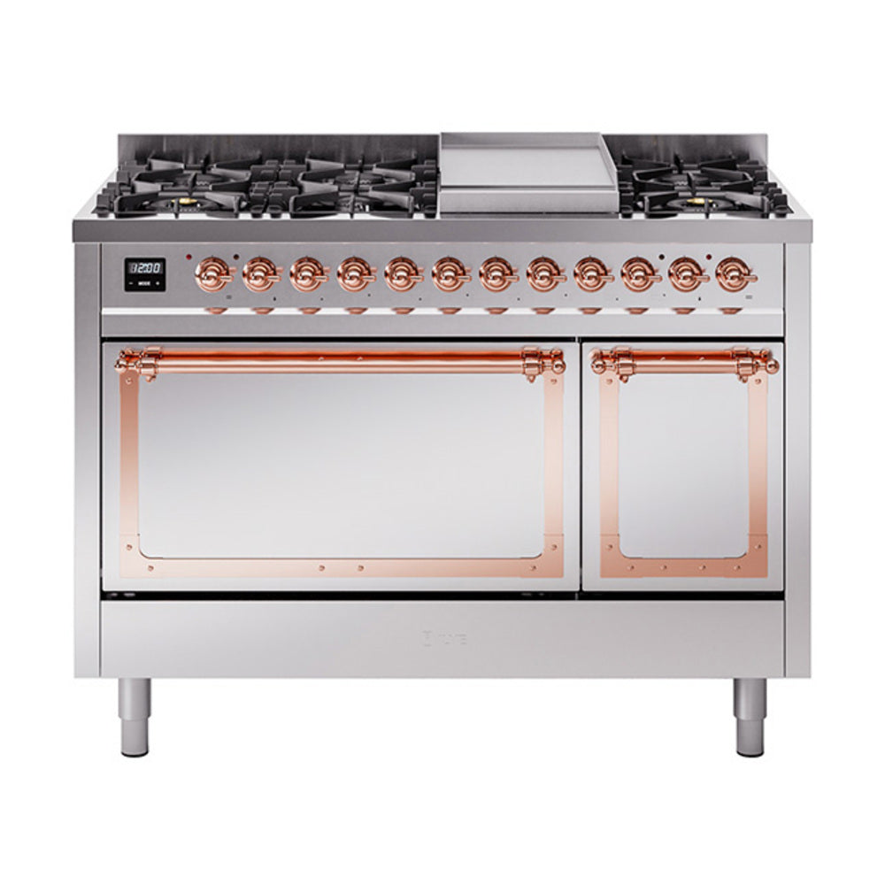 ILVE Nostalgie II Noblesse 48-Inch Dual Fuel Freestanding Range with Solid Door Oven in Stainless Steel with Copper Trim (UN48FQNMPSSPLP)