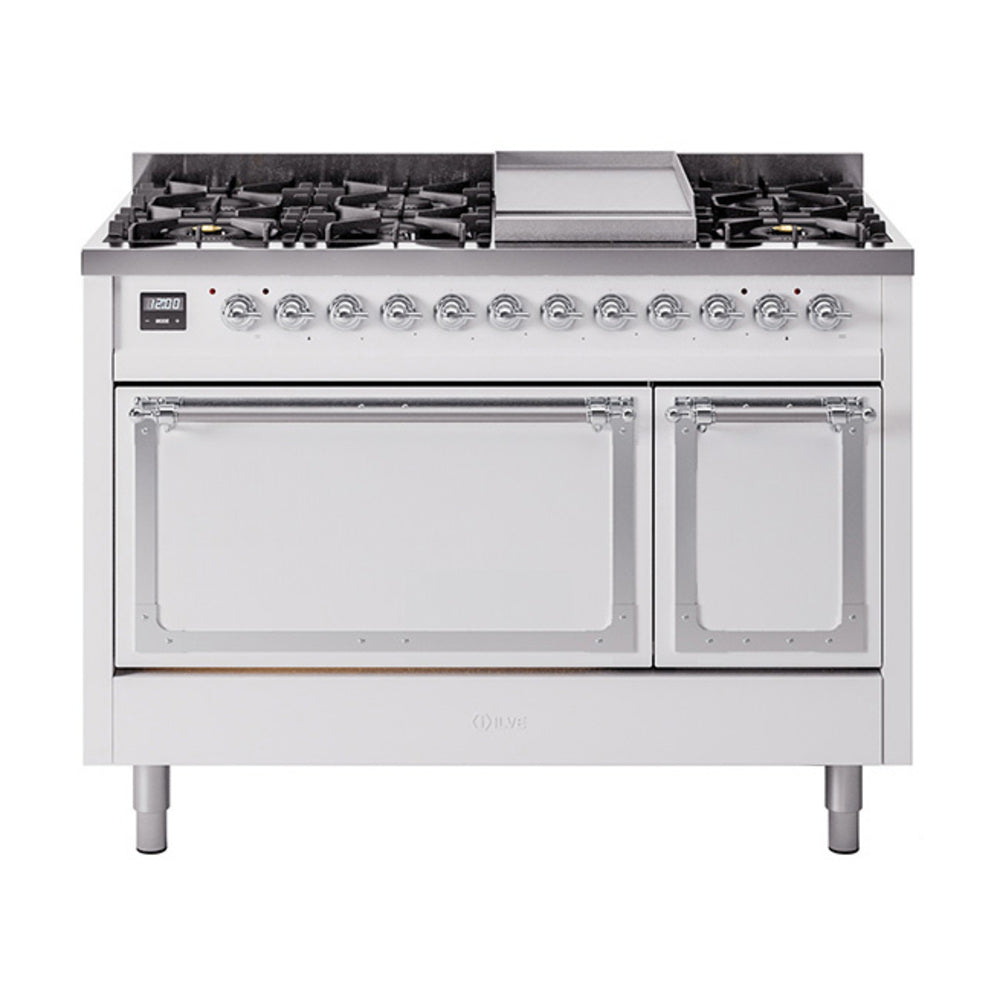 ILVE Nostalgie II Noblesse 48-Inch Freestanding Natural Gas Dual Fuel Range with Solid Door Oven in White with Chrome Trim (UN48FQNMPWHC)