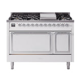 ILVE Nostalgie II Noblesse 48-Inch Freestanding Natural Gas Dual Fuel Range with Solid Door Oven in White with Chrome Trim (UN48FQNMPWHC)