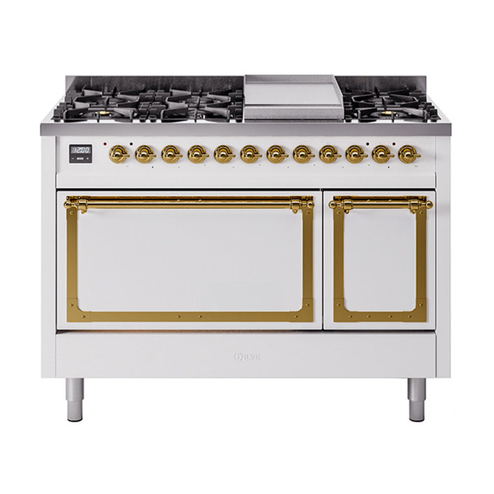 ILVE Nostalgie II Noblesse 48-Inch Freestanding Natural Gas Dual Fuel Range with Solid Door Oven in White with Brass Trim (UN48FQNMPWHG)