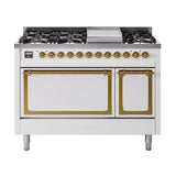 ILVE Nostalgie II Noblesse 48-Inch Freestanding Natural Gas Dual Fuel Range with Solid Door Oven in White with Brass Trim (UN48FQNMPWHG)