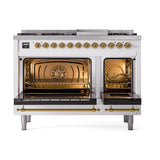 ILVE Nostalgie II Noblesse 48-Inch Freestanding Natural Gas Dual Fuel Range with Solid Door Oven in White with Brass Trim (UN48FQNMPWHG)