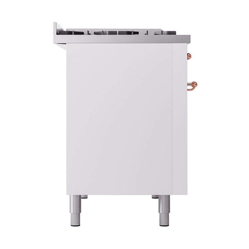 ILVE Nostalgie II Noblesse 48-Inch Dual Fuel Freestanding Range with Solid Door Oven in White with Copper Trim (UN48FQNMPWHPLP)