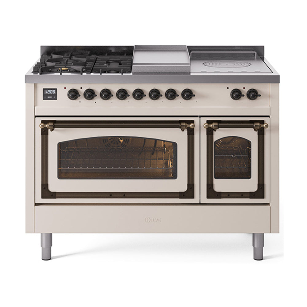 ILVE Nostalgie II Noblesse 48-Inch Propane Gas Dual Fuel Range with 5 Burners, Griddle, & French Top with Triple Glass Door Oven in Antique White with Bronze Trim (UN48FSNMPAWBLP)