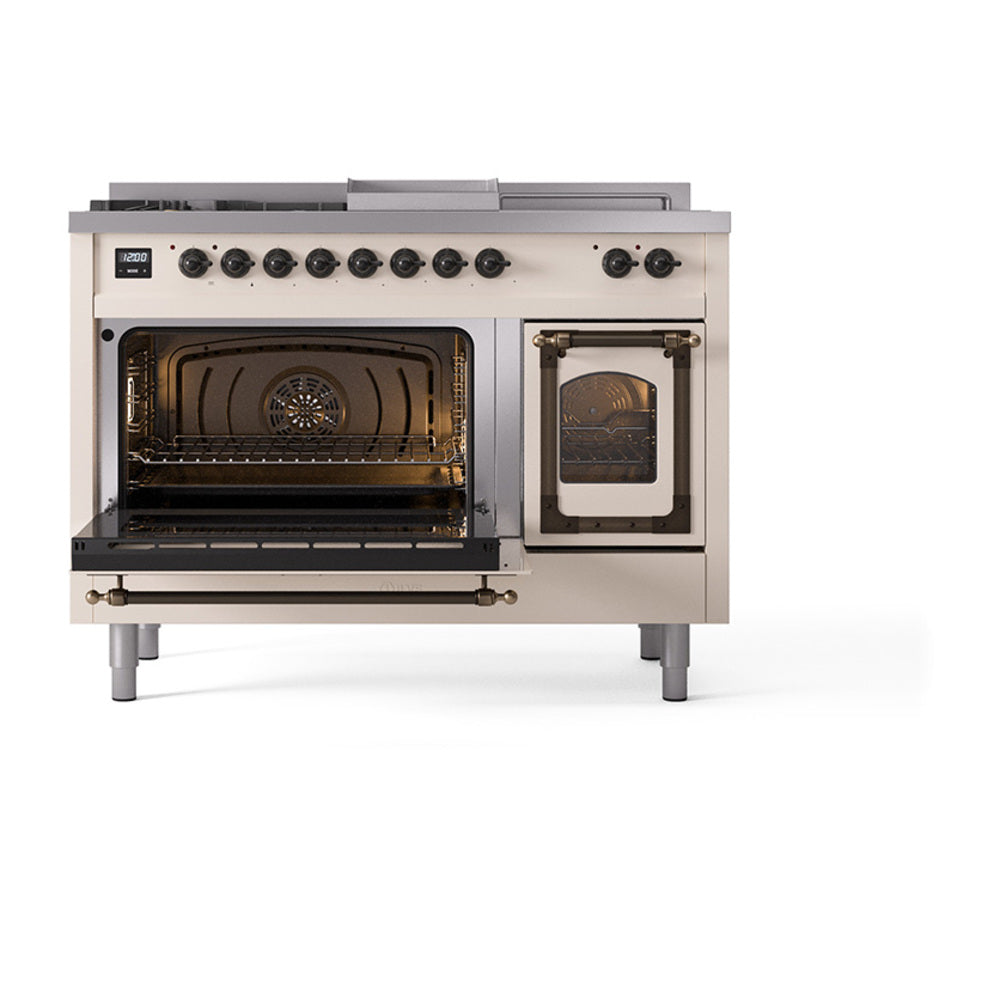 ILVE Nostalgie II Noblesse 48-Inch Propane Gas Dual Fuel Range with 5 Burners, Griddle, & French Top with Triple Glass Door Oven in Antique White with Bronze Trim (UN48FSNMPAWBLP)