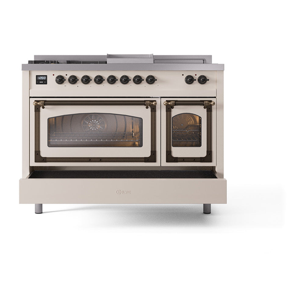 ILVE Nostalgie II Noblesse 48-Inch Propane Gas Dual Fuel Range with 5 Burners, Griddle, & French Top with Triple Glass Door Oven in Antique White with Bronze Trim (UN48FSNMPAWBLP)