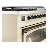 ILVE Nostalgie II Noblesse 48-Inch Propane Gas Dual Fuel Range with 5 Burners, Griddle, & French Top with Triple Glass Door Oven in Antique White with Bronze Trim (UN48FSNMPAWBLP)