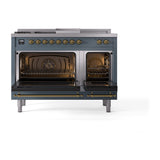 ILVE Nostalgie II Noblesse 48-Inch Natural Gas Dual Fuel Range with 5 Burners, Griddle, & French Top with Triple Glass Door Oven in Blue Grey with Brass Trim (UN48FSNMPBGG)