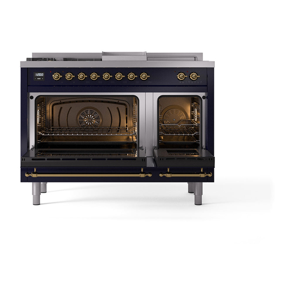ILVE 48-Inch Nostalgie II Noblesse Natural Gas Dual Fuel Range with 5 Sealed Burners, Griddle, French Top and Triple Glass Door Oven in Midnight Blue with Brass Trim (UN48FSNMPMBG)