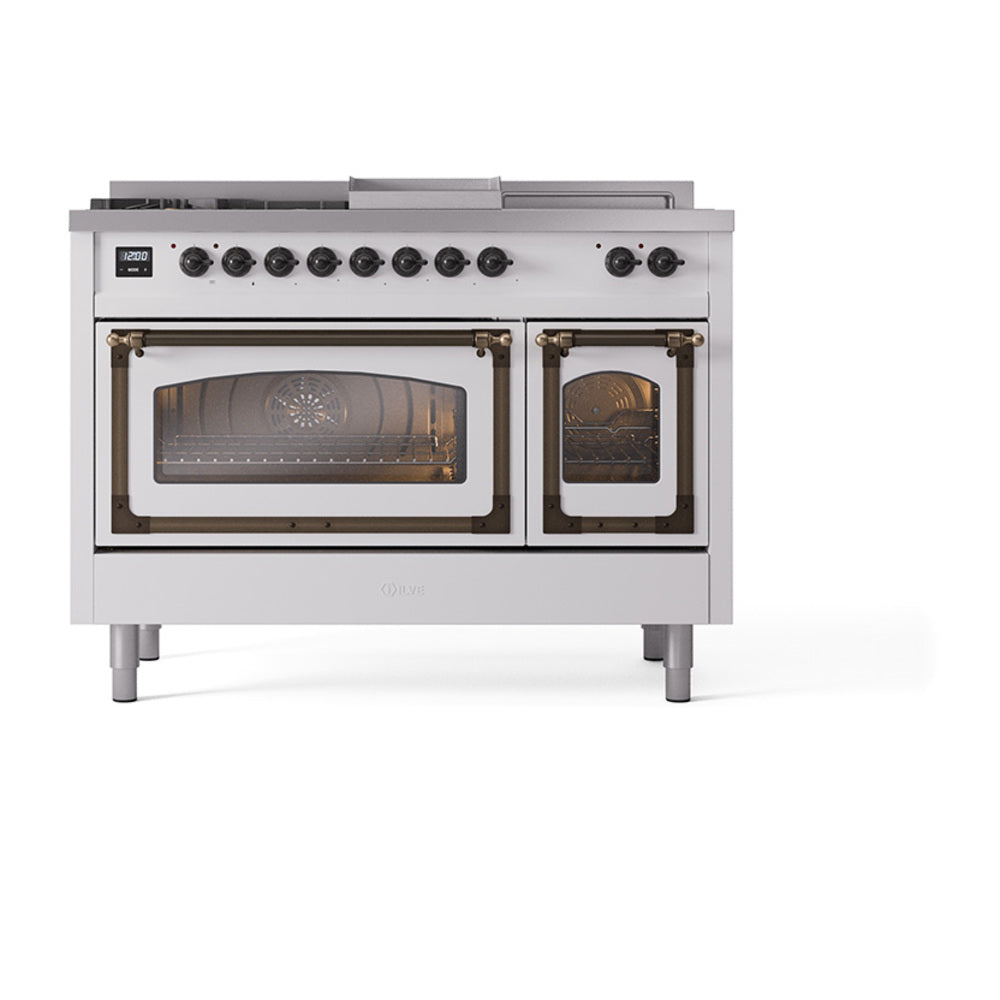 ILVE 48-Inch Nostalgie II Noblesse Natural Gas Dual Fuel Range with 5 Sealed Burners, Griddle, French Top and Triple Glass Door Oven in Custom RAL with Bronze Trim (UN48FSNMPRAB)
