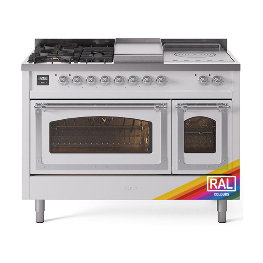 ILVE 48-Inch Nostalgie II Noblesse Natural Gas Dual Fuel Range with 5 Sealed Burners, Griddle, French Top and Triple Glass Door Oven in Custom RAL with Chrome Trim (UN48FSNMPRAC)