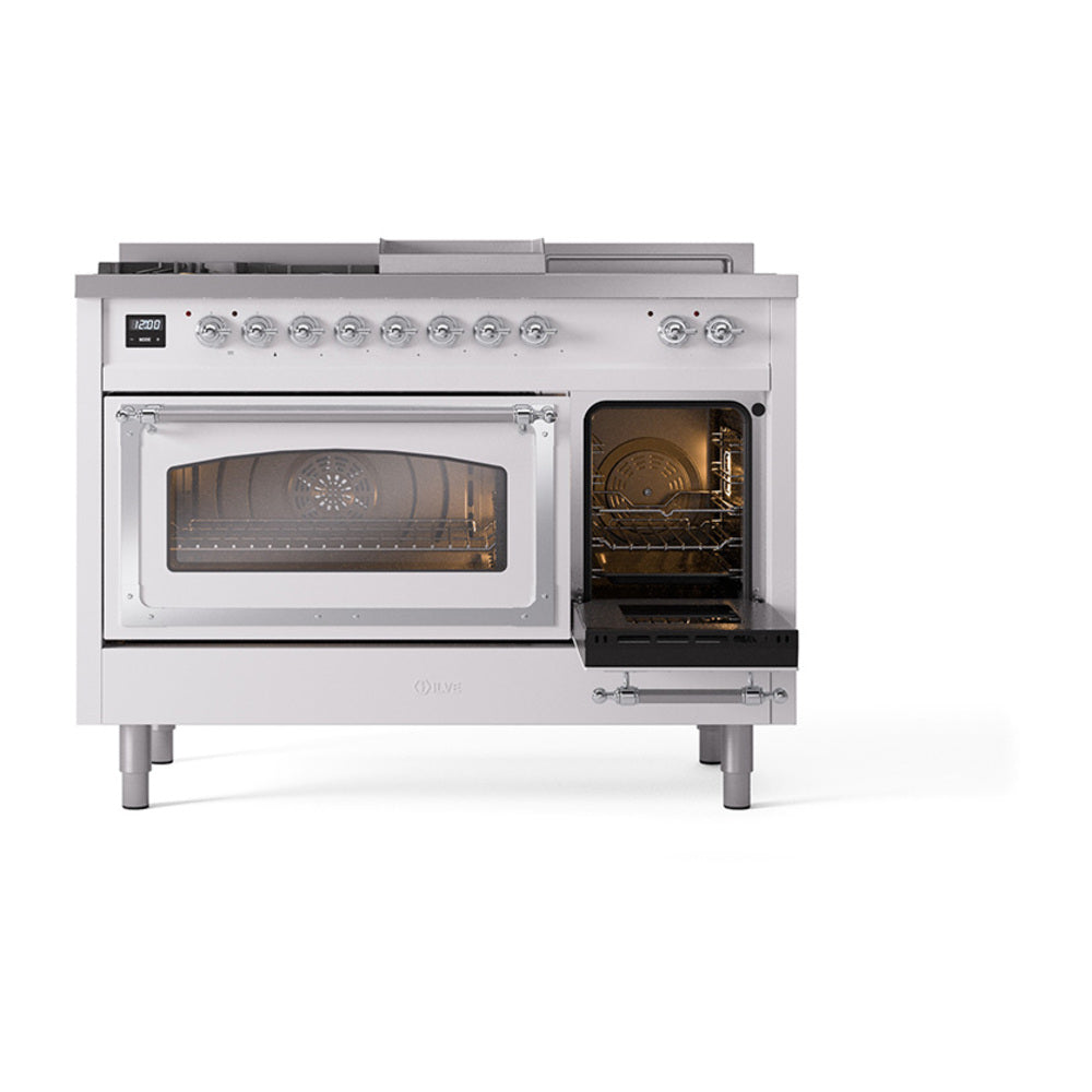 ILVE 48-Inch Nostalgie II Noblesse Natural Gas Dual Fuel Range with 5 Sealed Burners, Griddle, French Top and Triple Glass Door Oven in Custom RAL with Chrome Trim (UN48FSNMPRAC)