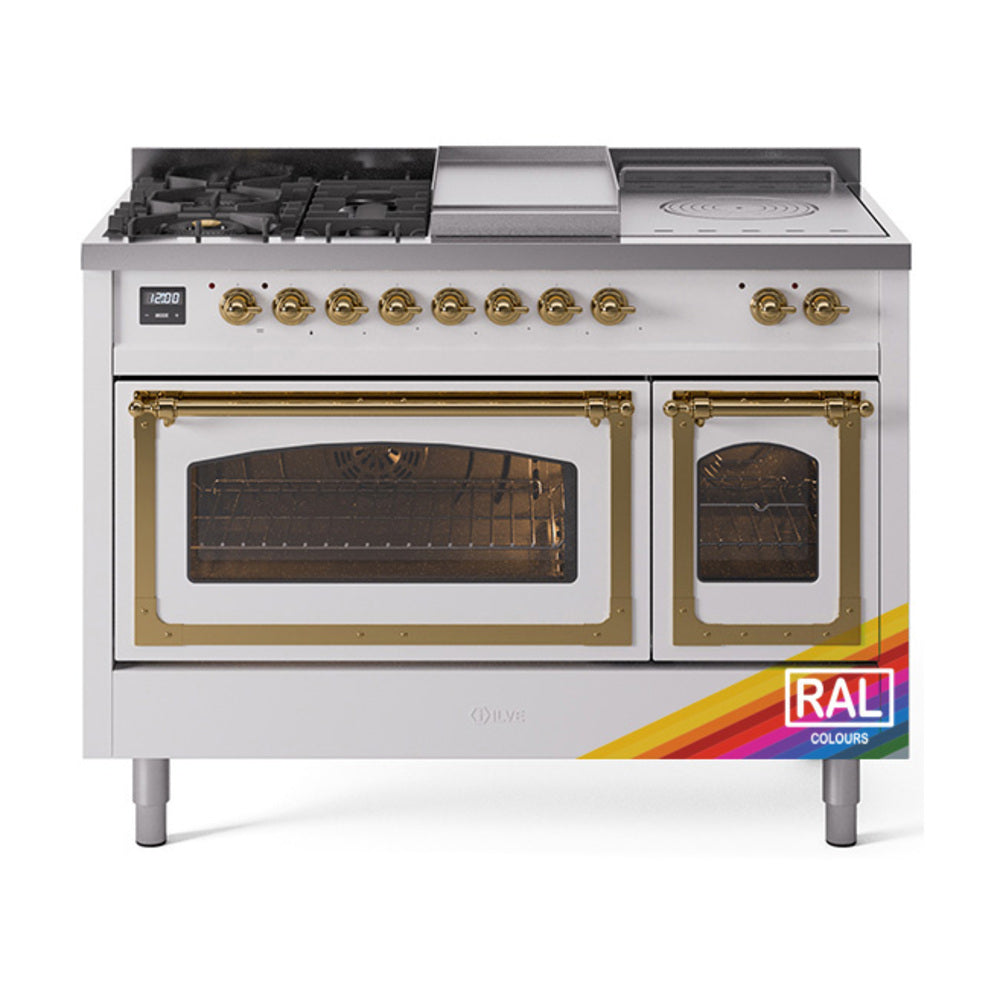 ILVE 48-Inch Nostalgie II Noblesse Propane Gas Dual Fuel Range with 5 Sealed Burners, Griddle, French Top and Triple Glass Door Oven in RAL with Brass Trim (UN48FSNMPRAGLP)