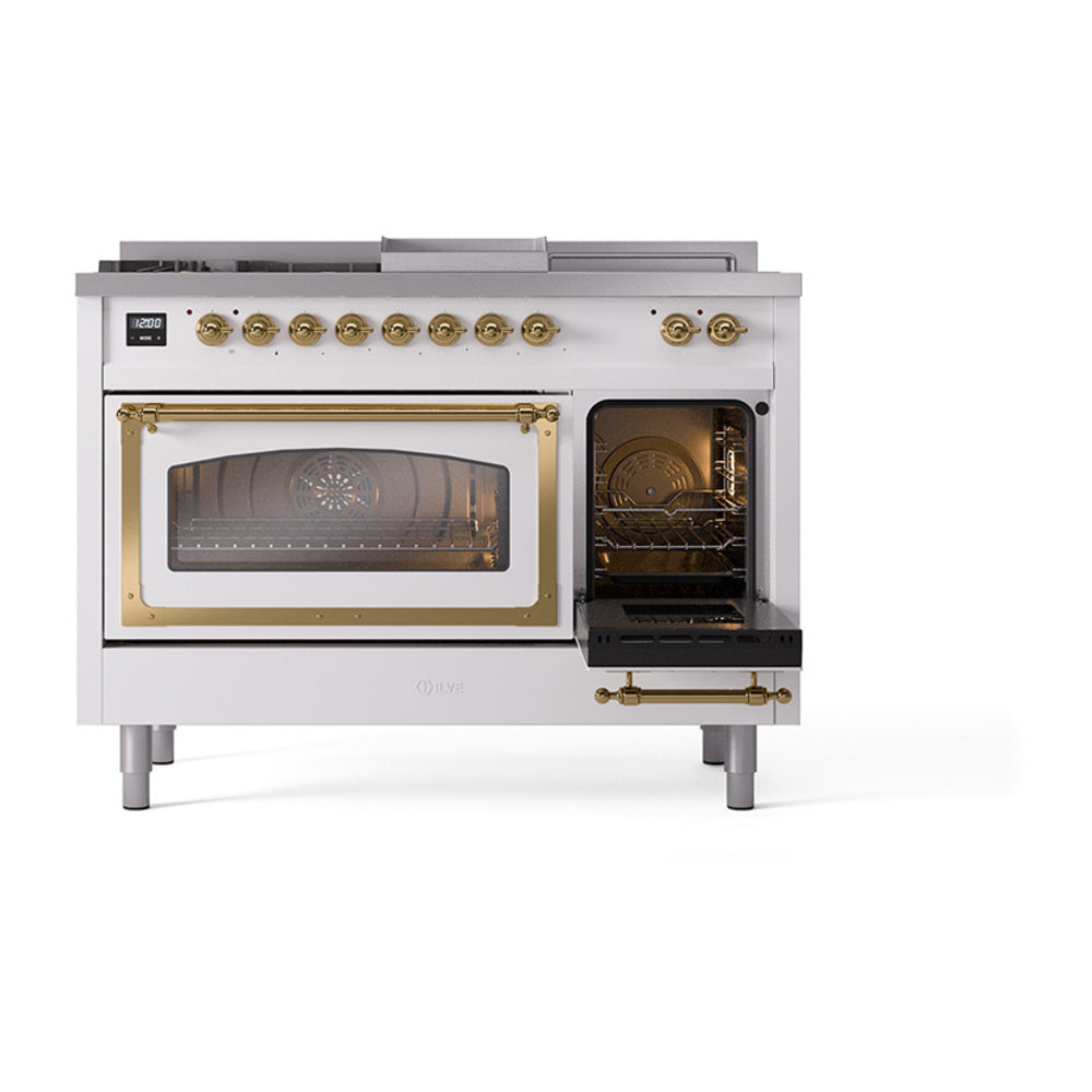 ILVE 48-Inch Nostalgie II Noblesse Propane Gas Dual Fuel Range with 5 Sealed Burners, Griddle, French Top and Triple Glass Door Oven in RAL with Brass Trim (UN48FSNMPRAGLP)
