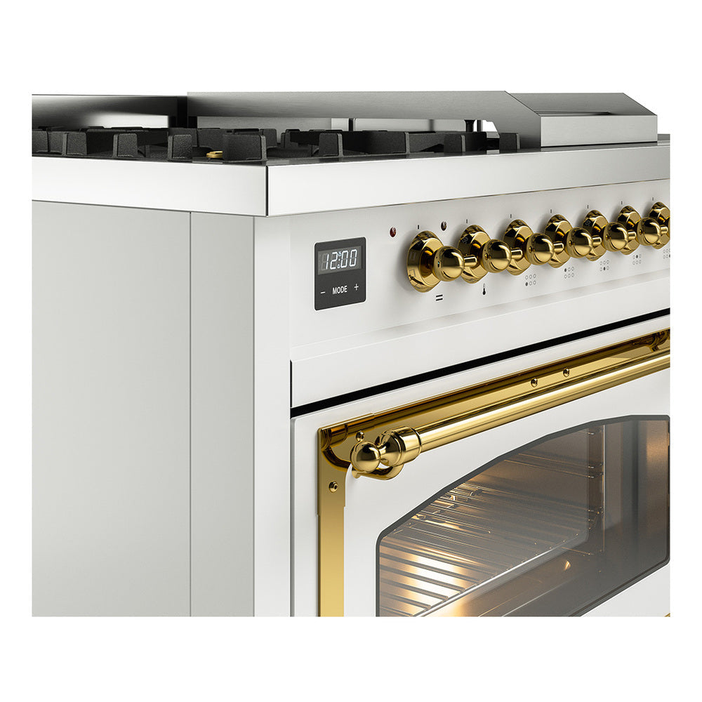 ILVE 48-Inch Nostalgie II Noblesse Propane Gas Dual Fuel Range with 5 Sealed Burners, Griddle, French Top and Triple Glass Door Oven in RAL with Brass Trim (UN48FSNMPRAGLP)
