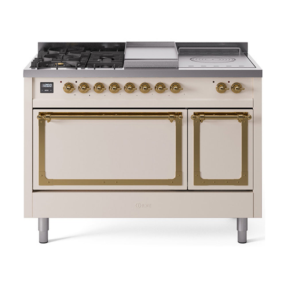 ILVE 48-Inch Nostalgie II Noblesse Propane Gas Dual Fuel Range with 5 Sealed Burners, Griddle, French Top and Solid Door Oven in Antique White with Brass Trim (UN48FSQNMPAWGLP)