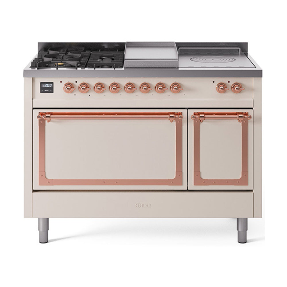 ILVE 48-Inch Nostalgie II Noblesse Propane Gas Dual Fuel Range with 5 Sealed Burners, Griddle, French Top and Solid Door Oven in Antique White with Copper Trim (UN48FSQNMPAWPLP)