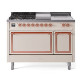 ILVE 48-Inch Nostalgie II Noblesse Propane Gas Dual Fuel Range with 5 Sealed Burners, Griddle, French Top and Solid Door Oven in Antique White with Copper Trim (UN48FSQNMPAWPLP)
