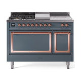 ILVE 48-Inch Nostalgie II Noblesse Natural Gas Dual Fuel Range with 5 Sealed Burners, Griddle, French Top and Solid Door Oven in Blue Grey with Copper Trim (UN48FSQNMPBGP)