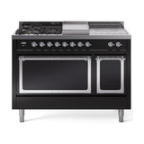 ILVE 48-Inch Nostalgie II Noblesse Propane Gas Dual Fuel Range with 5 Sealed Burners, Griddle, French Top and Solid Door Oven in Glossy Black with Chrome Trim (UN48FSQNMPBKCLP)