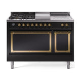ILVE 48-Inch Nostalgie II Noblesse Propane Gas Dual Fuel Range with 5 Sealed Burners, Griddle, French Top and Solid Door Oven in Glossy Black with Brass Trim (UN48FSQNMPBKGLP)