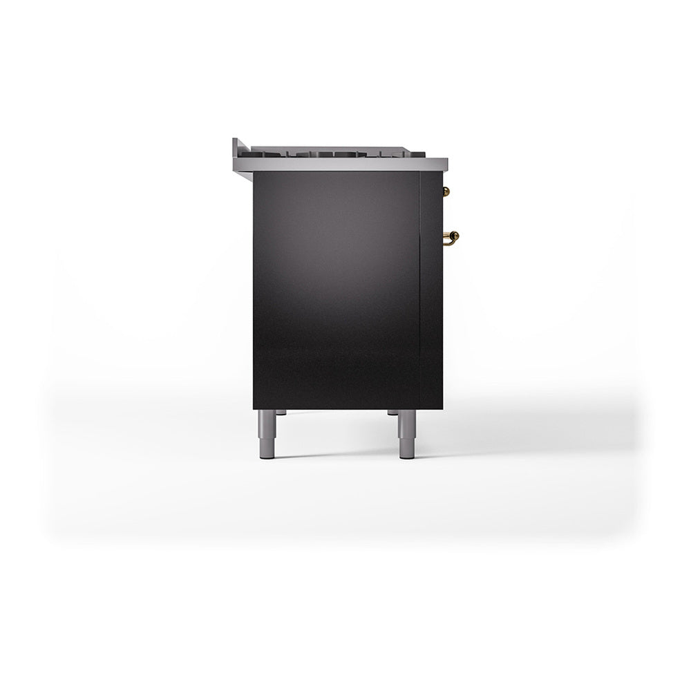 ILVE 48-Inch Nostalgie II Noblesse Propane Gas Dual Fuel Range with 5 Sealed Burners, Griddle, French Top and Solid Door Oven in Glossy Black with Brass Trim (UN48FSQNMPBKGLP)