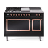 ILVE 48-Inch Nostalgie II Noblesse Propane Gas Dual Fuel Range with 5 Sealed Burners, Griddle, French Top and Solid Door Oven in Glossy Black with Copper Trim (UN48FSQNMPBKPLP)