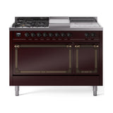ILVE 48-Inch Nostalgie II Noblesse Propane Gas Dual Fuel Range with 5 Sealed Burners, Griddle, French Top and Solid Door Oven in Burgundy with Bronze Trim (UN48FSQNMPBUBLP)