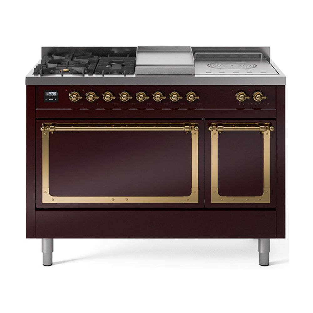 ILVE 48-Inch Nostalgie II Noblesse Propane Gas Dual Fuel Range with 5 Sealed Burners, Griddle, French Top and Solid Door Oven in Burgundy with Brass Trim (UN48FSQNMPBUGLP)