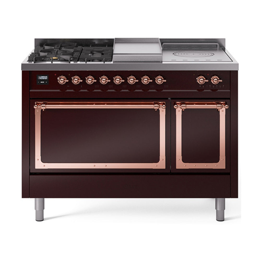 ILVE 48-Inch Nostalgie II Noblesse Propane Gas Dual Fuel Range with 5 Sealed Burners, Griddle, French Top and Solid Door Oven in Burgundy with Copper Trim (UN48FSQNMPBUPLP)