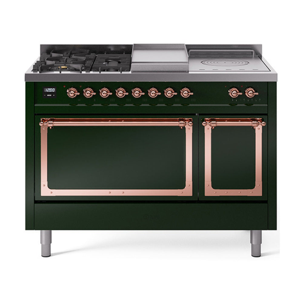 ILVE 48-Inch Nostalgie II Noblesse Propane Gas Dual Fuel Range with 5 Sealed Burners, Griddle, French Top and Solid Door Oven in Emerald Green with Copper Trim (UN48FSQNMPEGPLP)