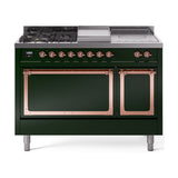 ILVE 48-Inch Nostalgie II Noblesse Propane Gas Dual Fuel Range with 5 Sealed Burners, Griddle, French Top and Solid Door Oven in Emerald Green with Copper Trim (UN48FSQNMPEGPLP)