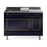 ILVE 48-Inch Nostalgie II Noblesse Propane Gas Dual Fuel Range with 5 Sealed Burners, Griddle, French Top and Solid Door Oven in Midnight Blue with Bronze Trim (UN48FSQNMPMBBLP)